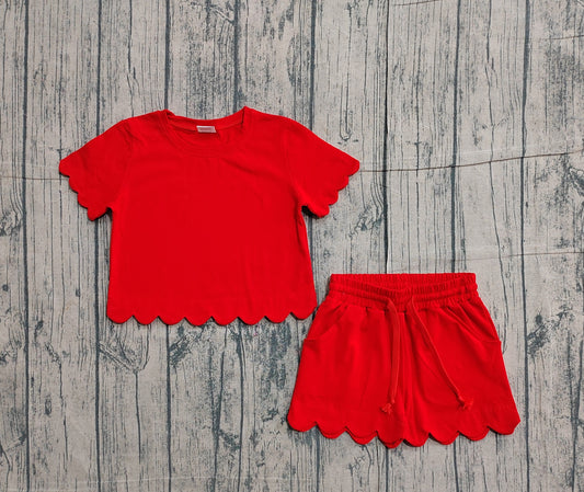 Sample GSSO3177 Cute Baby Girls Short Sleeve Orange Shirts Top Scallop Shorts Clothes Sets