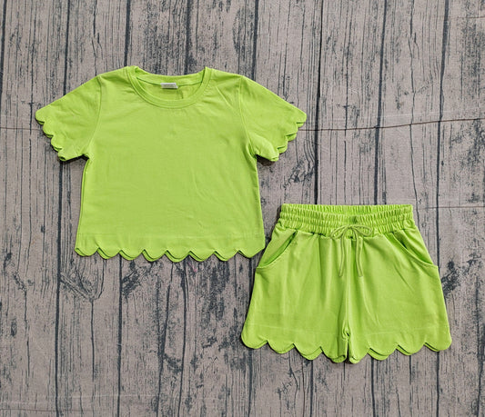 Sample GSSO3179 Cute Baby Girls Short Sleeve Green Shirts Top Scallop Shorts Clothes Sets