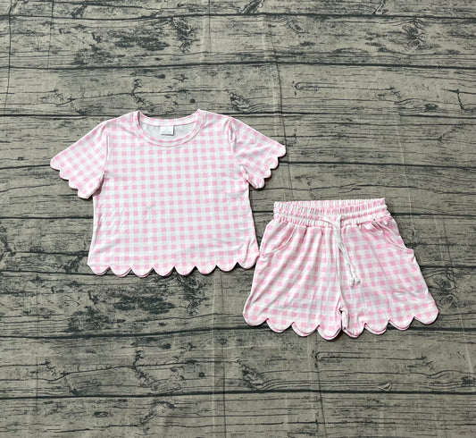 Sample GSSO3183 Baby Girls Short Sleeve Light Pink Checked Shirts Top Scallop Shorts Clothes Sets