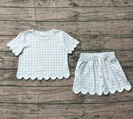 Sample GSSO3184 Baby Girls Short Sleeve Light Blue Checked Shirts Top Scallop Shorts Clothes Sets