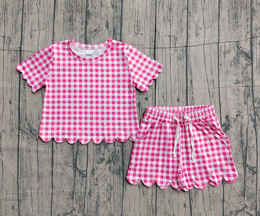 Sample GSSO3186 Cute Baby Girls Short Sleeve Pink Checked Shirts Top Scallop Shorts Clothes Sets