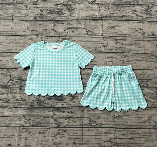 Sample GSSO3190 Baby Girls Short Sleeve Blue Checked Shirts Top Scallop Shorts Clothes Sets