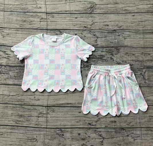 Sample GSSO3229 Baby Girls Flowers Checked Top Scallop Shorts Clothes Sets