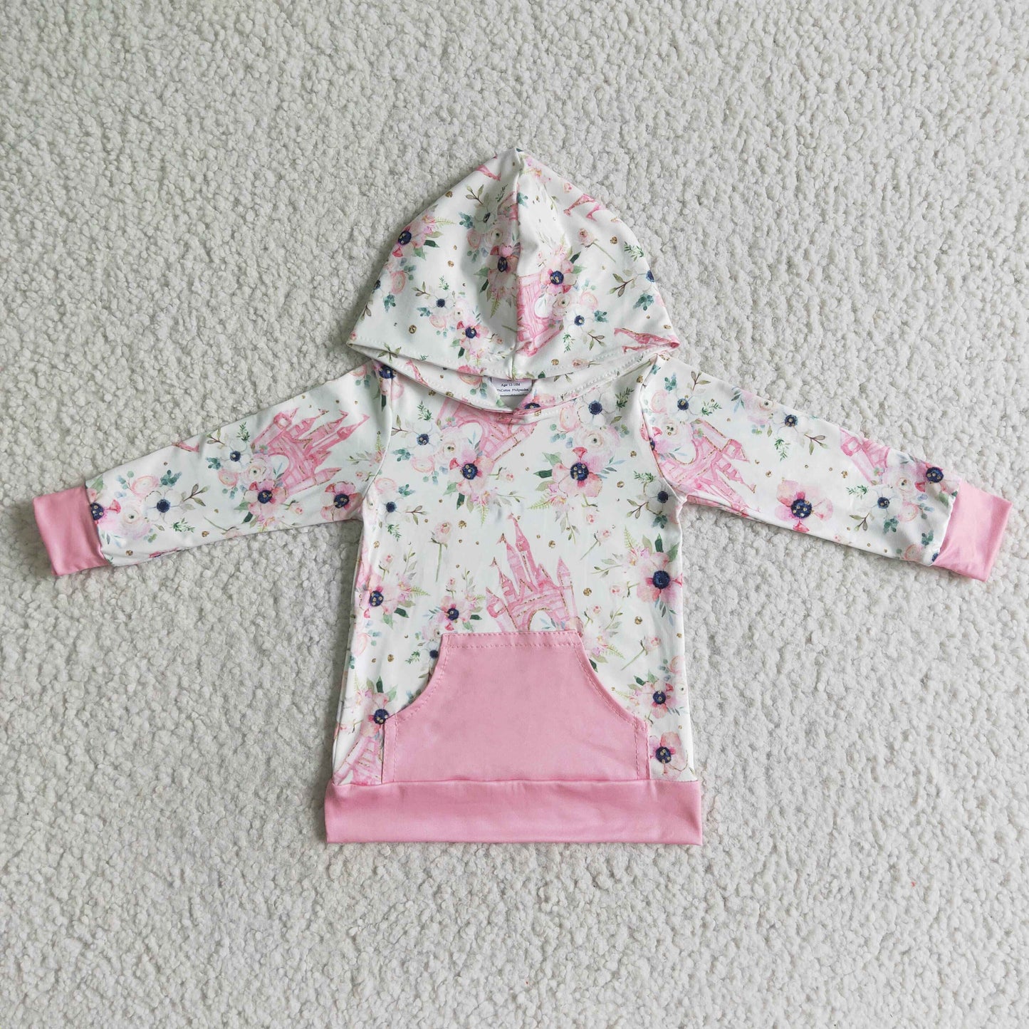 GT0011 Girls Pink Floral Castle Hooded Shirt