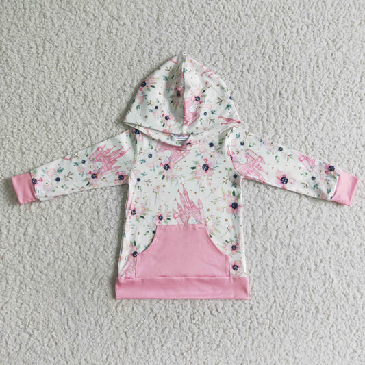 GT0011 Girls Pink Floral Castle Hooded Shirt