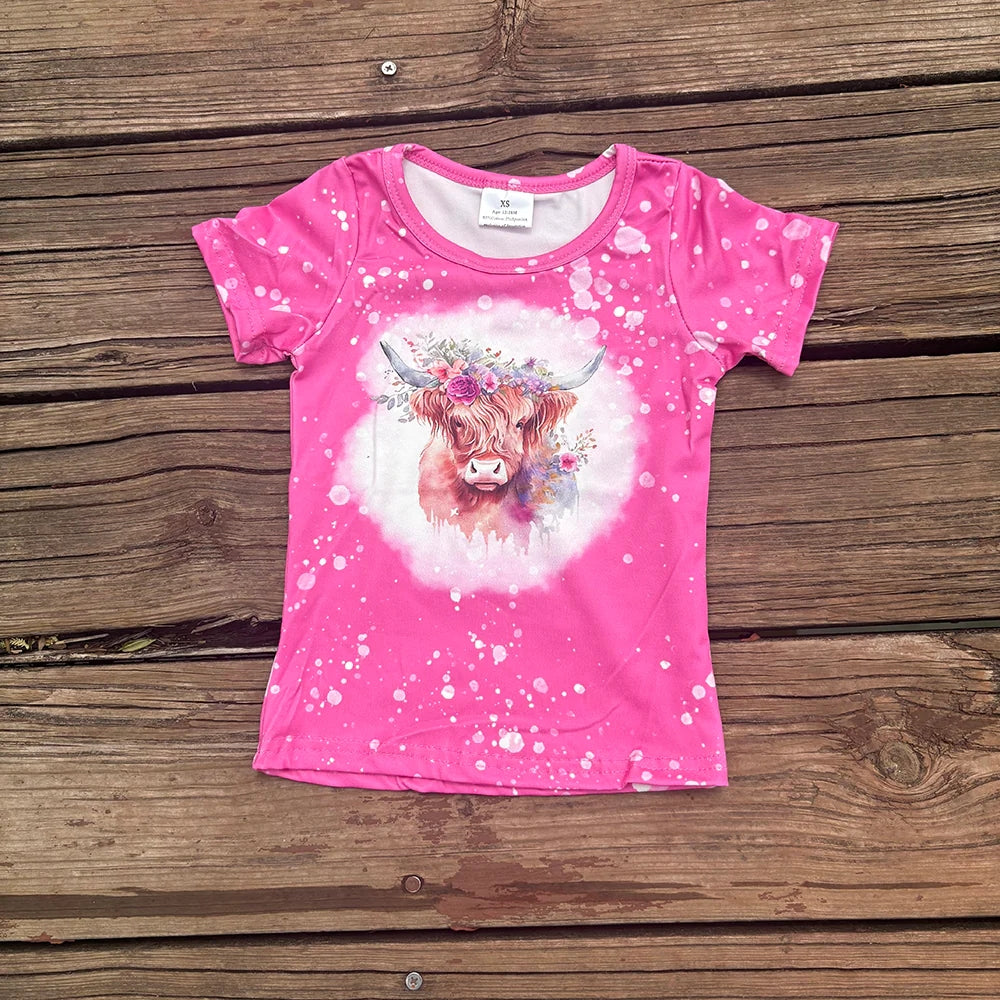 GT0212 Baby Girls Highland Cow Flowers Short Sleeve Shirts Tops