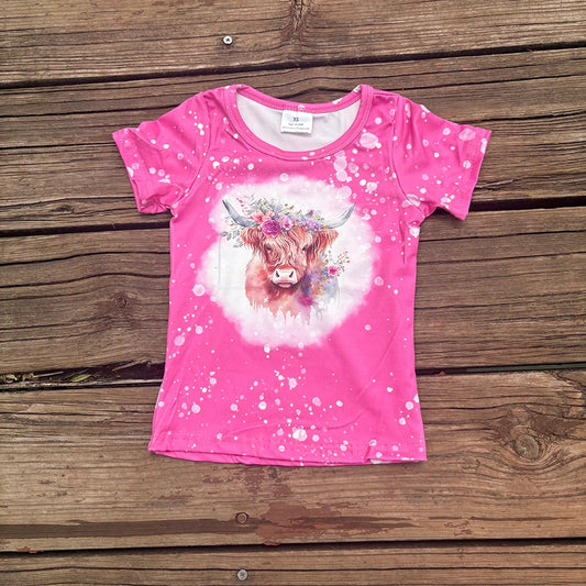 GT0212 Baby Girls Highland Cow Flowers Short Sleeve Shirts Tops