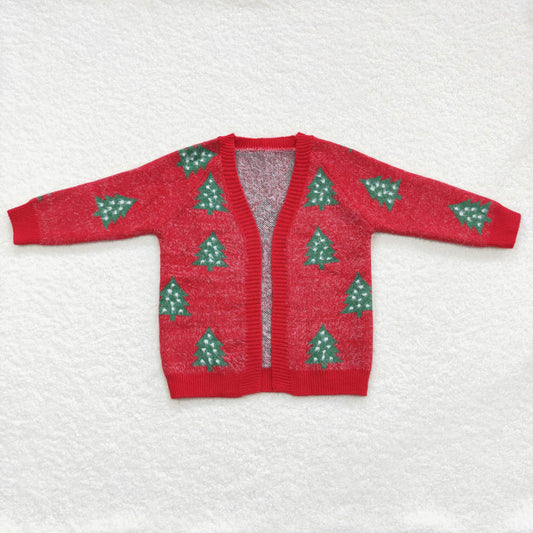 GT0356 White Polka Dot Christmas Tree Red Long Sleeve Sweater Cardigan