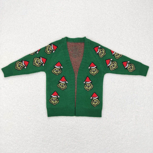 GT0371 Cartoon Christmas Green Long Sleeve Sweater Cardigan