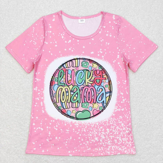GT0378 adult lucky mama letter four-leaf clover pink short sleeves