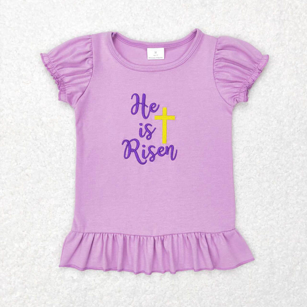GT0393he is risen purple lantern sleeve short-sleeved top with embroidered cross