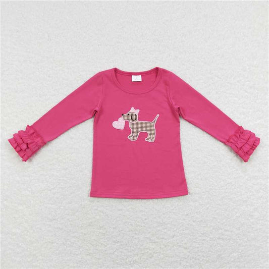 GT0409 Embroidery Love Bow Puppy Rose Red Lace Long Sleeve Valentine's Day
