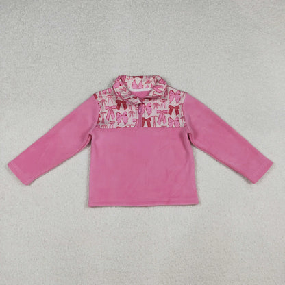 Sibling Baby Girls Pink Bows Plaid Leopard Santa Quatrefoil Zipper Pullover Sherpa Tops C10.14