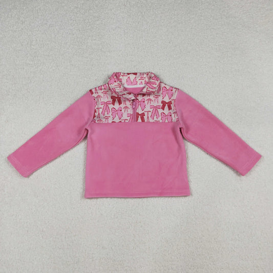 Sibling Baby Girls Pink Bows Plaid Leopard Santa Quatrefoil Zipper Pullover Sherpa Tops C10.14