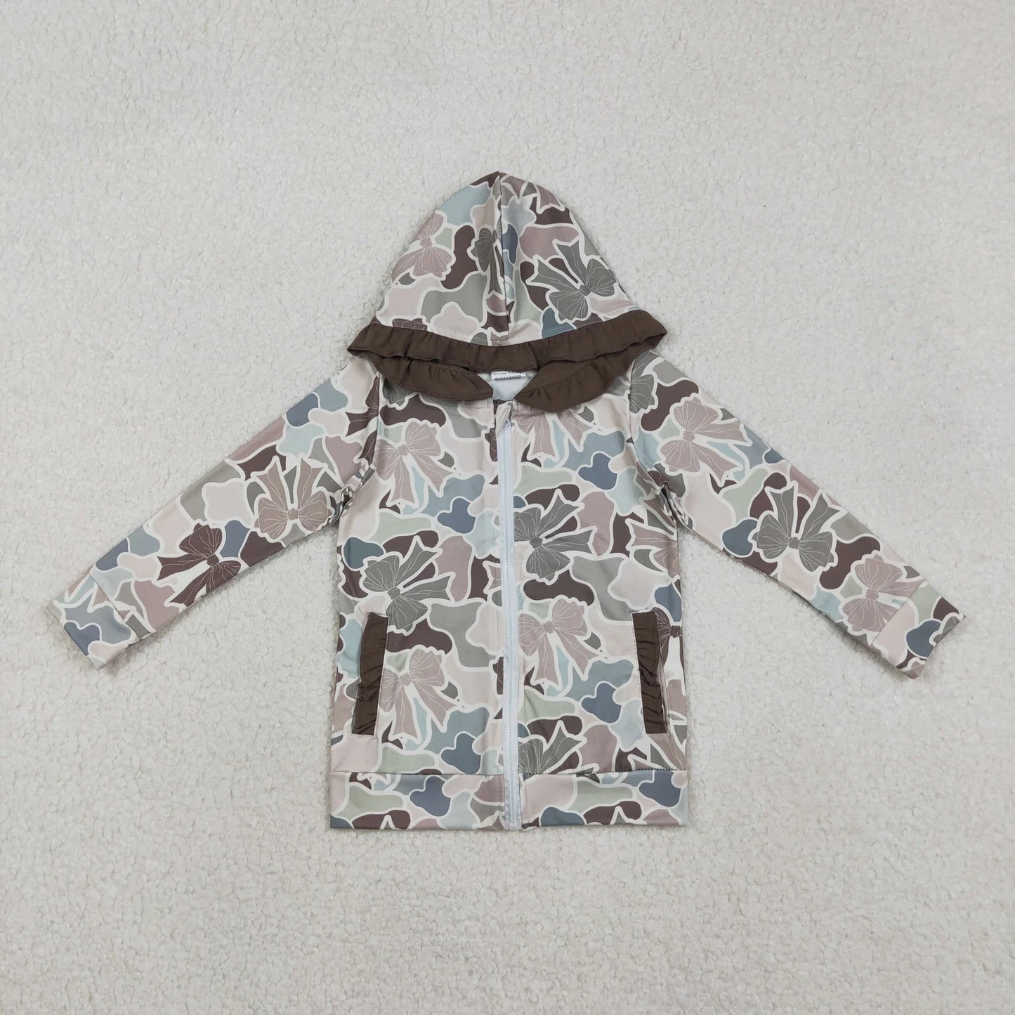 Mama and Me Southern Grey Bows Camo Pockets Zipper Ruffle Hoodie Jackets Top C12.2