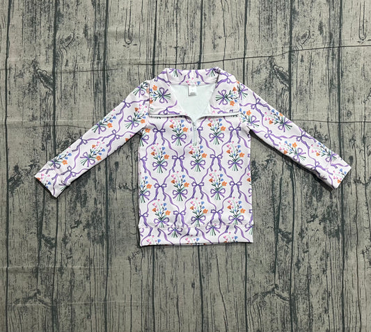 Sample GT1371 Cute Yoga fabric Baby Girls Purple Bows Flowers Checked Yoga Zipper Pullovers Top