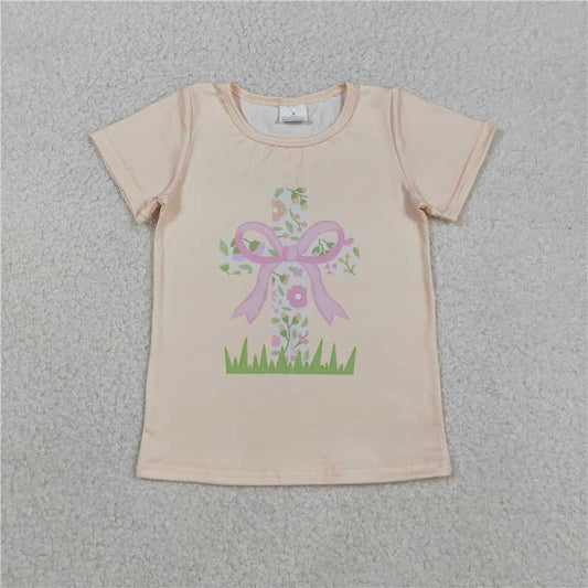 RTS GT1397 Baby Girls Short Sleeve T-shirt Easter Themed Cross Design Top with Flowers for Little Girls