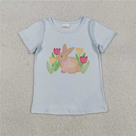RTS GT1398 Baby Girls Blue Easter T-shirt Short Sleeve Flowers Rabbits Design Top for Spring Season