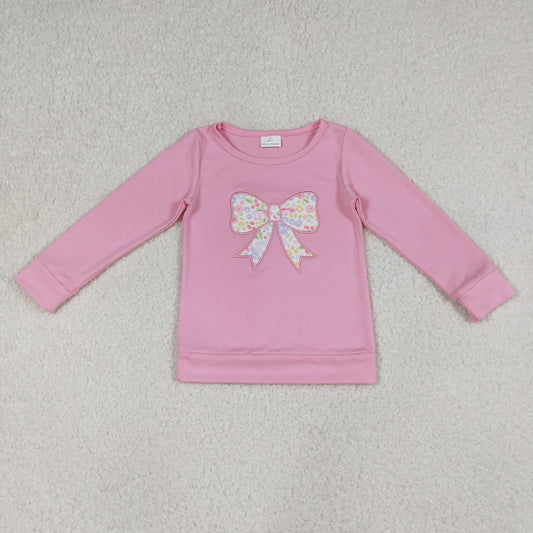 RTS GT1537 Embroidery Baby Girls Pink Flowers Bows Long Sleeve T-shirts Top