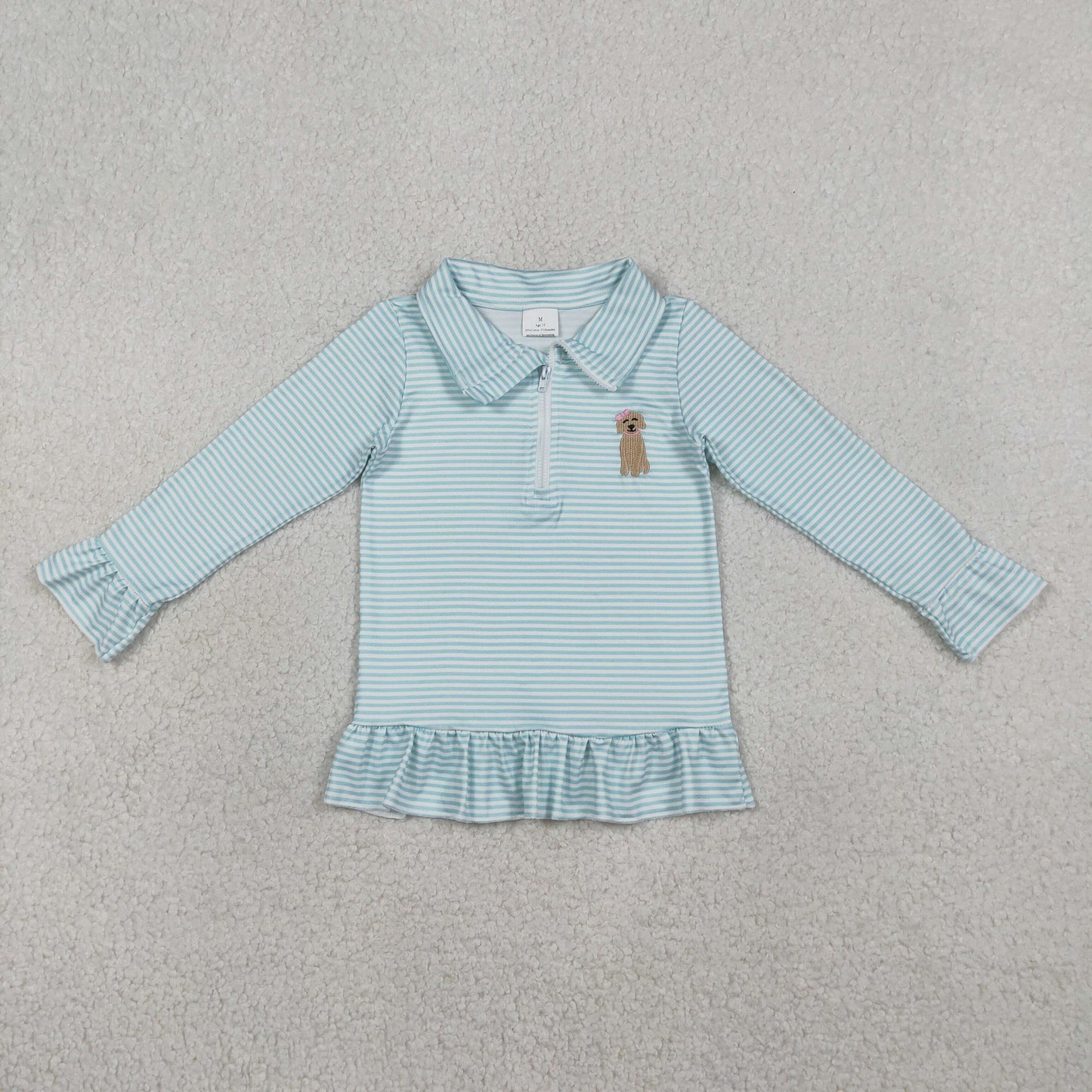 RTS GT1543 Embroidery Bow Dogs Baby Girls Blue Stripe Hunting Zip Ruffle Pullovers Top