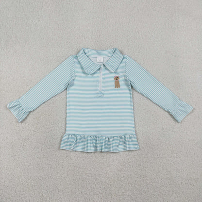 RTS GT1543 Embroidery Bow Dogs Baby Girls Blue Stripe Hunting Zip Ruffle Pullovers Top