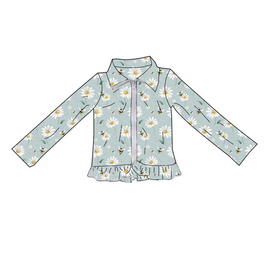 C12.5 GT1551 Baby Girls Long Sleeve Daisy Flowers Bees Yoga Zipper Jackets Top Preorder