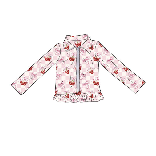C12.5 GT1553 Baby Girls Long Sleeve Pink Checked Bows Cherry Yoga Zipper Jackets Top Preorder