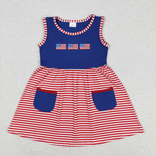 GSD0930 4th of July Embroidered flag Red and White stripes navy blue pocket sleeveless dress