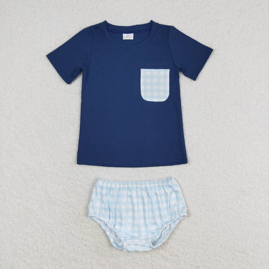 BT0705+ SS0352 boy Blue checkered pockets dark short-sleeved briefs suit