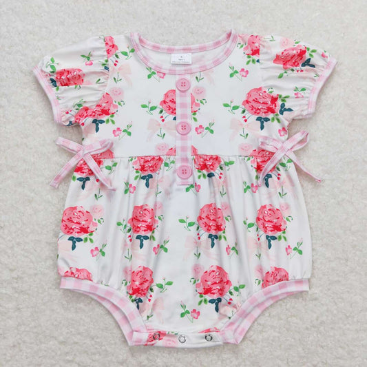 SR1160 Floral pink-and-white checkered short-sleeved onesie