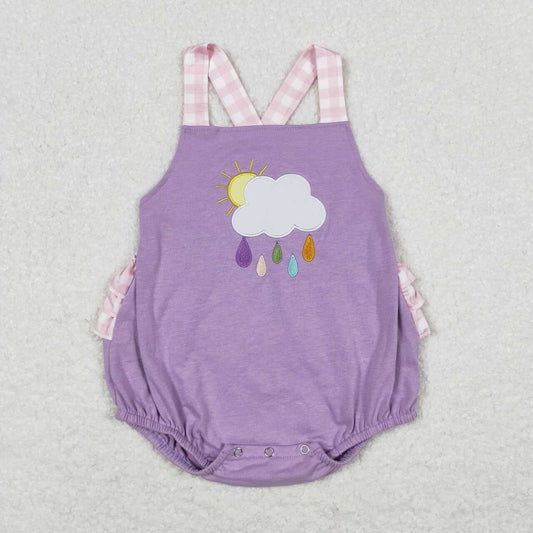 SR1071 Embroidery rainy cloudy day pink and white check lace purple vest onesie