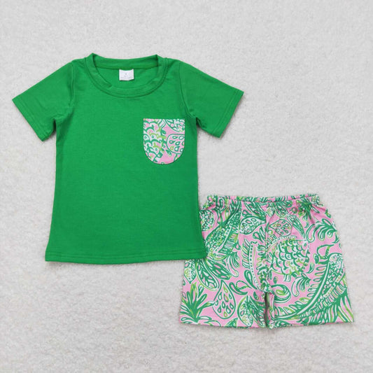 BSSO0839 Green short sleeve shorts with seaweed pocket set