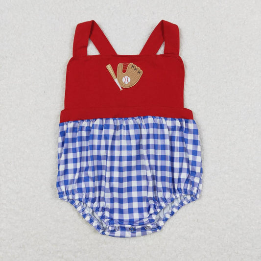SR0616 Embroidered baseball glove blue and white checkered red vest jumpsuit
