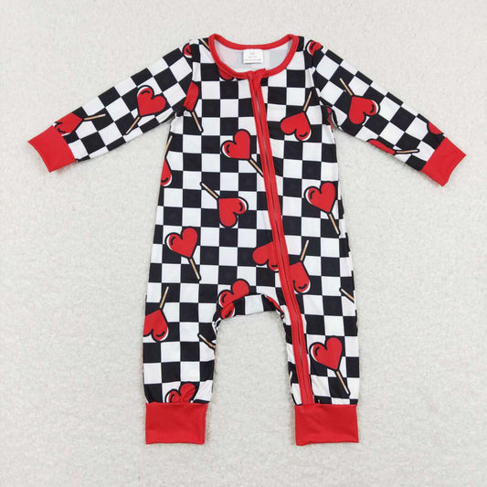 LR0856 Red Love Lollipop Black and white check red zipper long-sleeved onesie