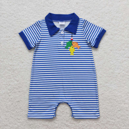 SR1045 Embroidered fishing blue striped short-sleeved onesie