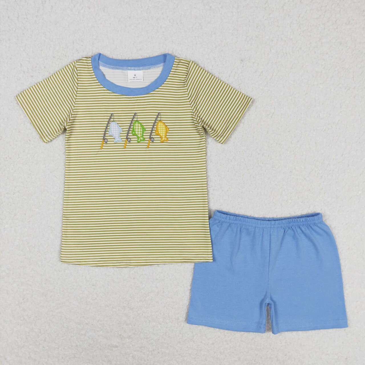 BSSO0732 Embroidered fishing yellow striped short sleeve blue shorts set