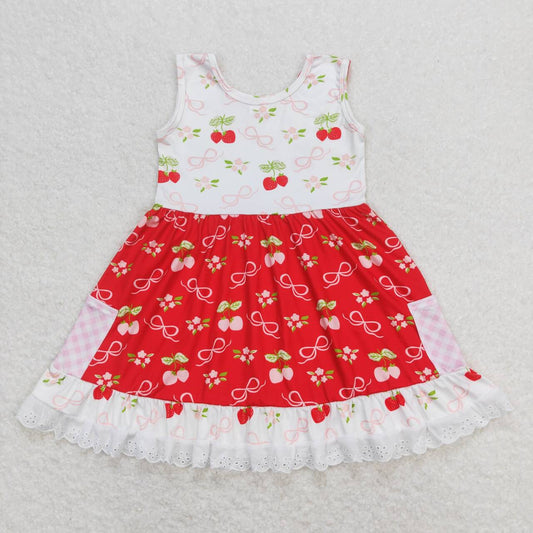 GSD0889 Red and white sleeveless dress with strawberry lace bow