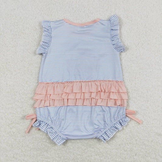SR0931 Embroidered pink lace blue striped vest onesie