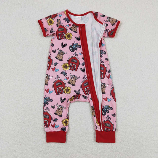 SR1368 Love Red House Bull Red lace pink zipper short-sleeved onesie