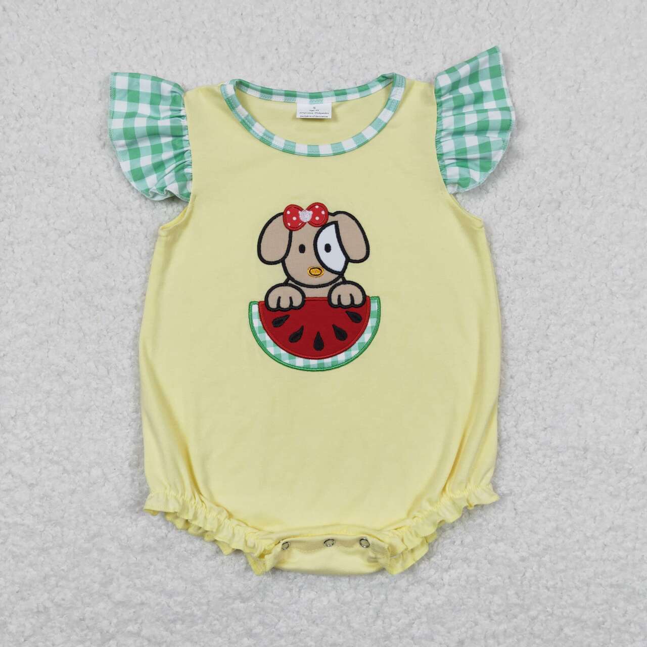 SR0789 Embroidered watermelon puppy yellow lace flying sleeve onesie