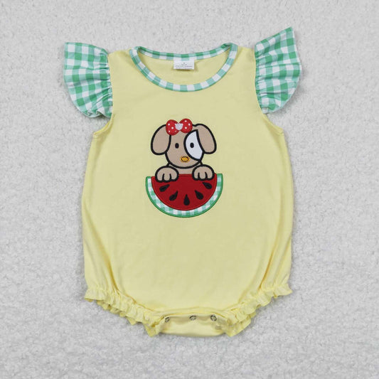 SR0789 Embroidered watermelon puppy yellow lace flying sleeve onesie
