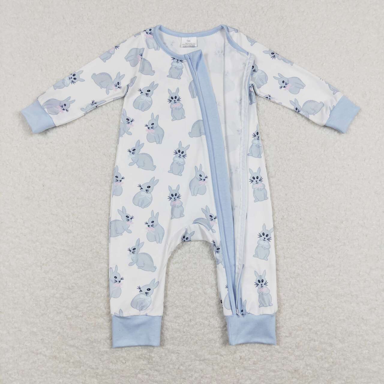 LR0837 Rabbit blue and white zip-up long sleeve onesie