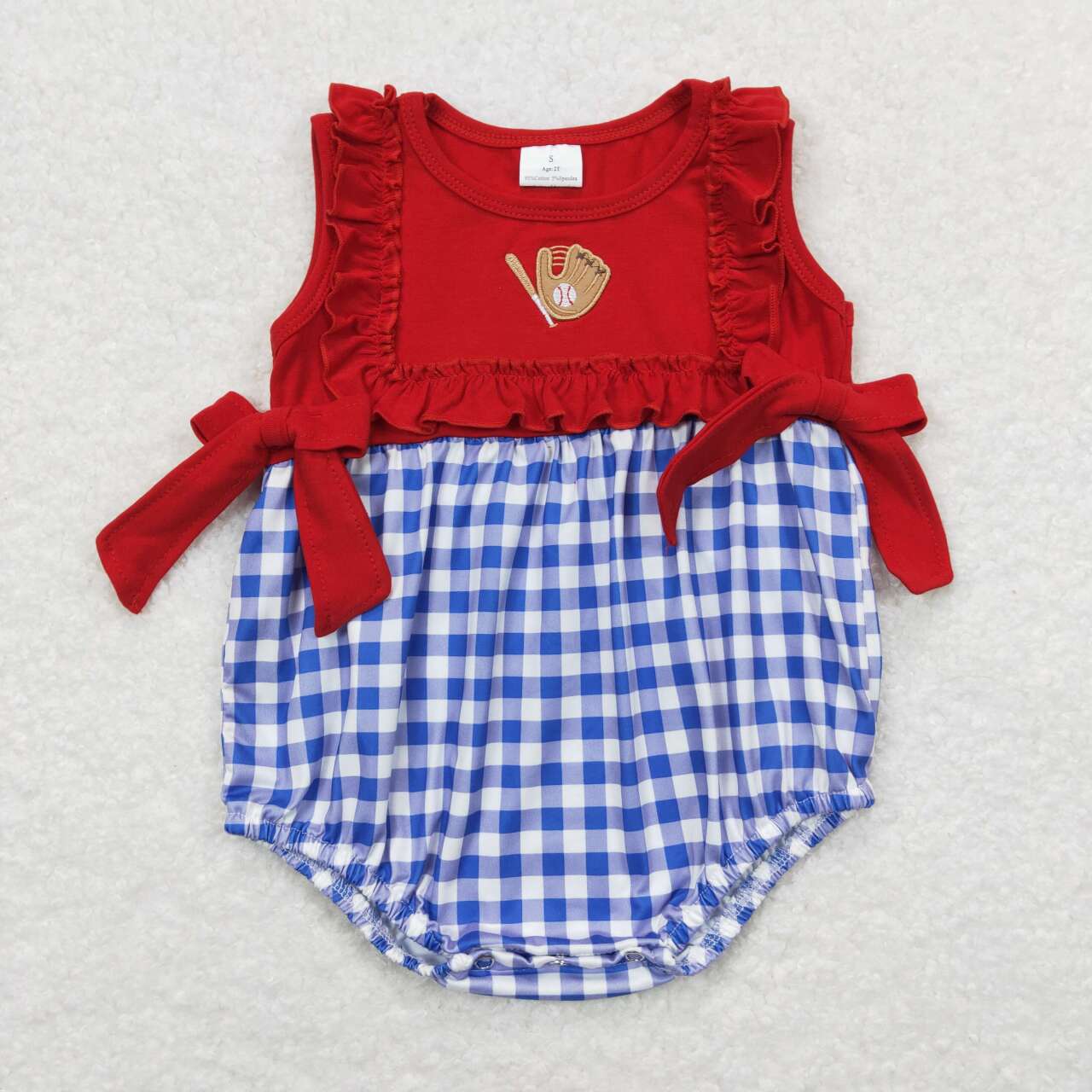 SR0615 Embroidered baseball gloves blue and white plaid red butterfly vest jumpsuit