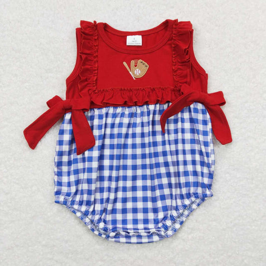 SR0615 Embroidered baseball gloves blue and white plaid red butterfly vest jumpsuit