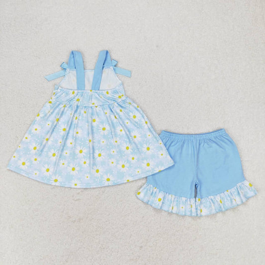 GSSO0993 Little Daisy flowers blue lace bow sleeveless shorts set