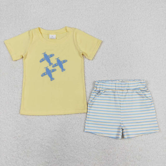 BSSO0696 Embroidered airplane yellow short-sleeved striped shorts suit