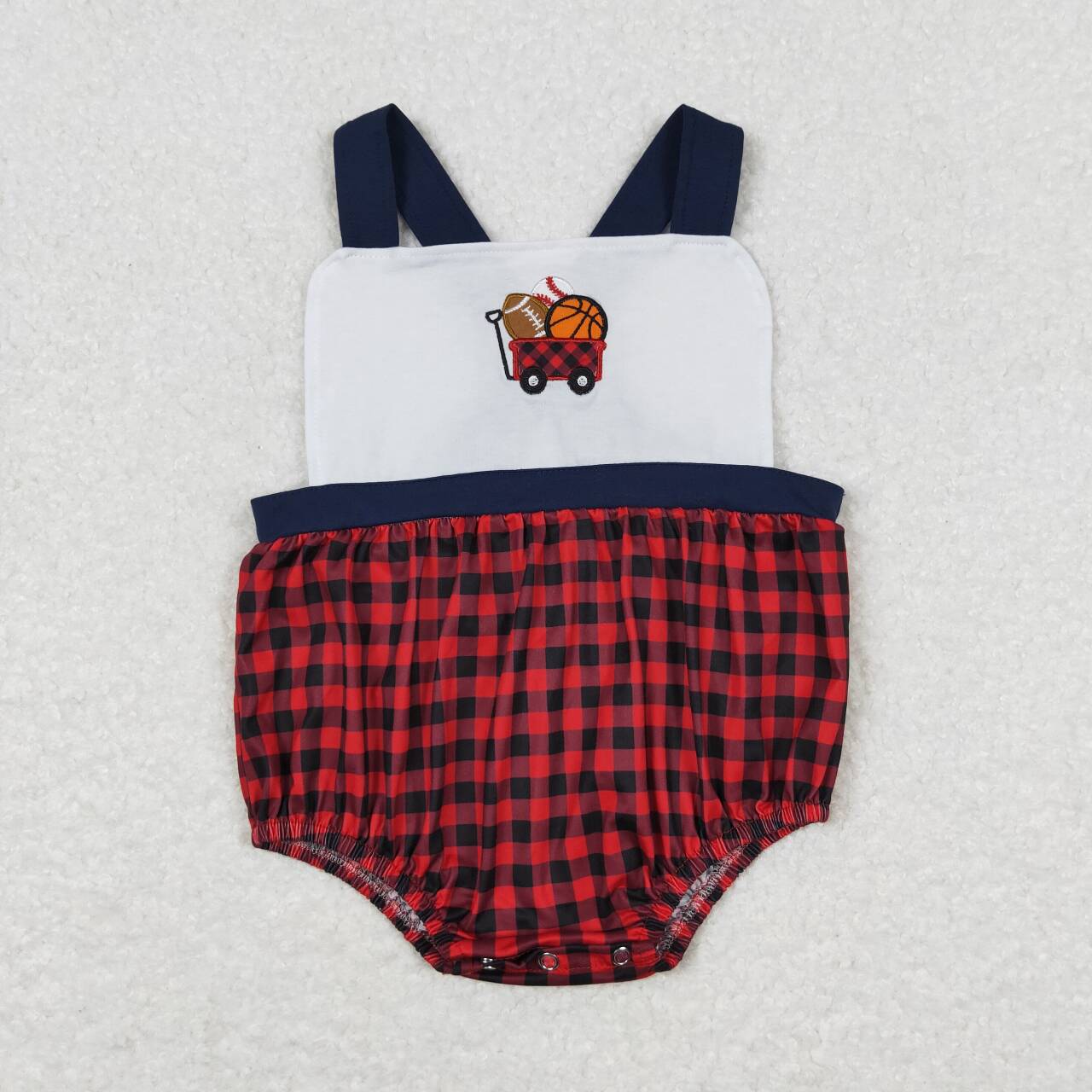 SR0753 Embroidered basketball baseball football cart navy blue border red and black checked vest onesie
