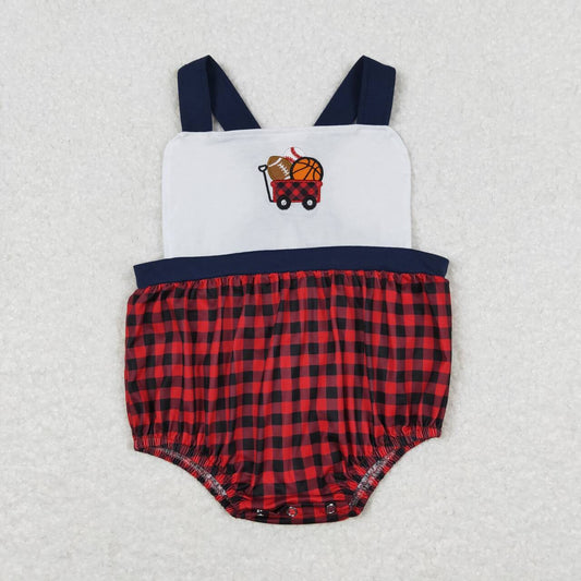 SR0753 Embroidered basketball baseball football cart navy blue border red and black checked vest onesie