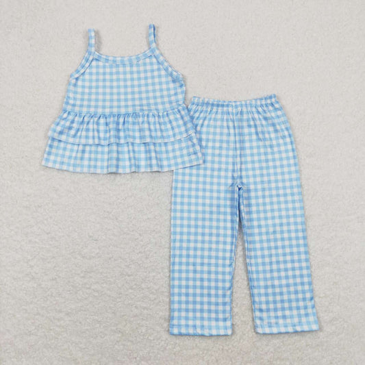 GSPO1378 Blue and white checkered lace suspenders pantsuit