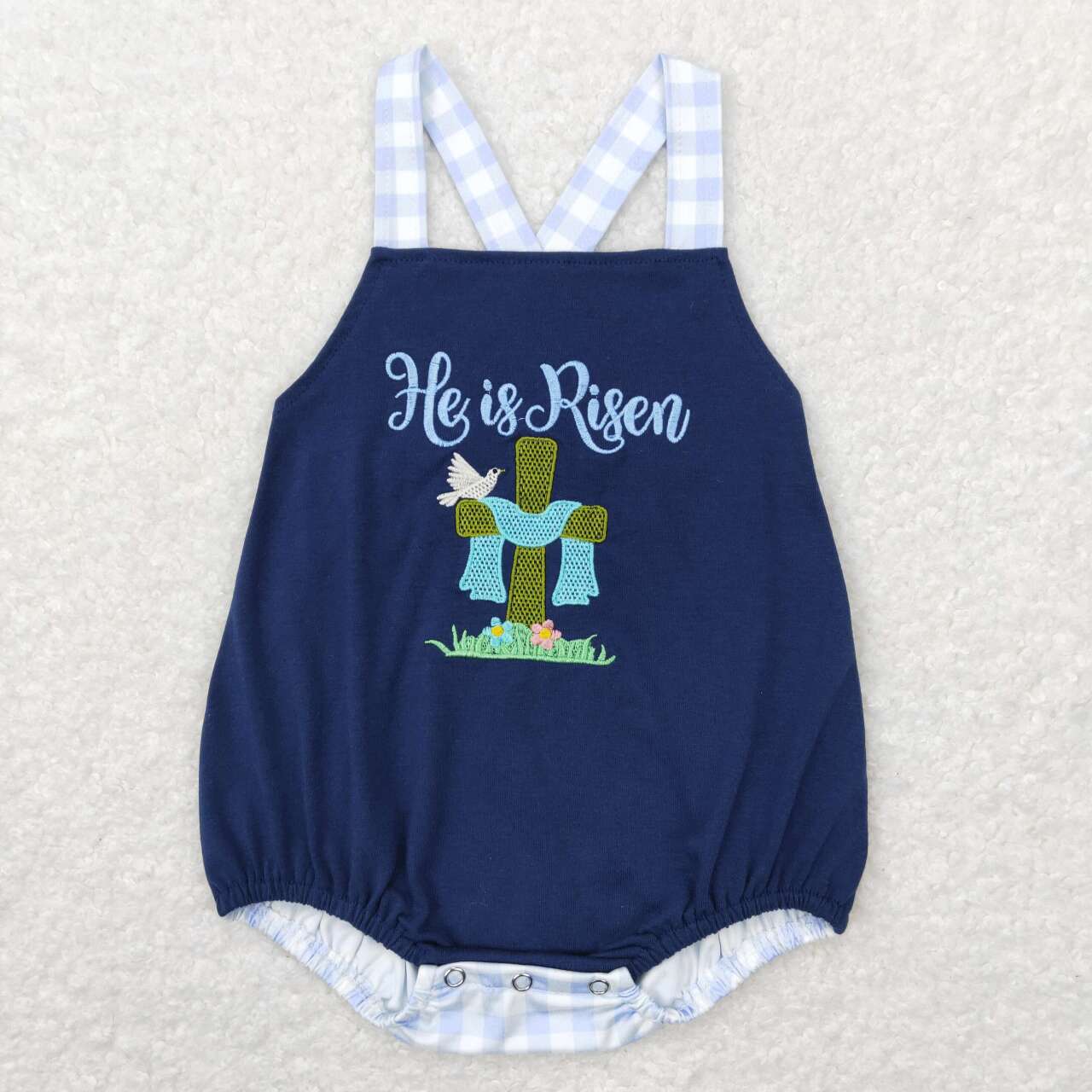 SR0565 Embroidered cross Navy blue blue-white checkered vest onesie